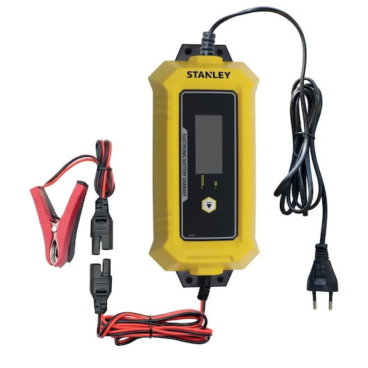 STANLEY SXAE00026GB electronic battery charger, yellow and black, top view showing attached cables and clamps.