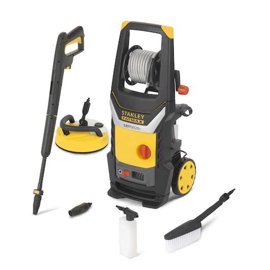 Stanley SXFPW20PE pressure washer in yellow and black with various cleaning accessories displayed.