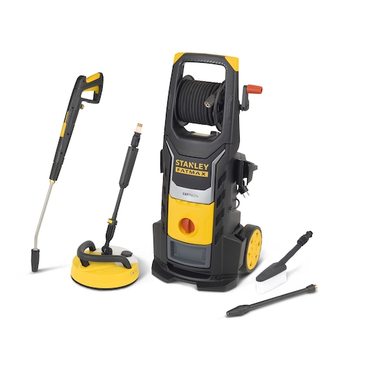 Stanley Fatmax SXFPW25PE pressure washer with hose, brush, nozzle, and accessories on white background.