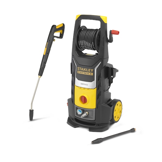 Stanley Fatmax SXFPW30E pressure washer with hose reel, spray gun, and nozzle attachments on white background.