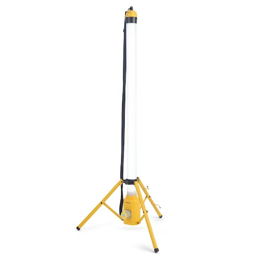 Tall yellow portable LED work light on tripod stand, suitable for photography and studio lighting.
