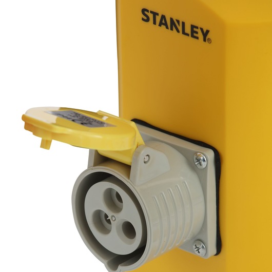STANLEY SXLS31322ES yellow power outlet with gray socket and open protective cover, close-up angle.