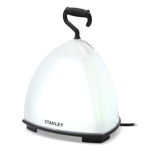 Stanley SXLS31324ES dome-shaped work light with black handle, front angle, on white background.