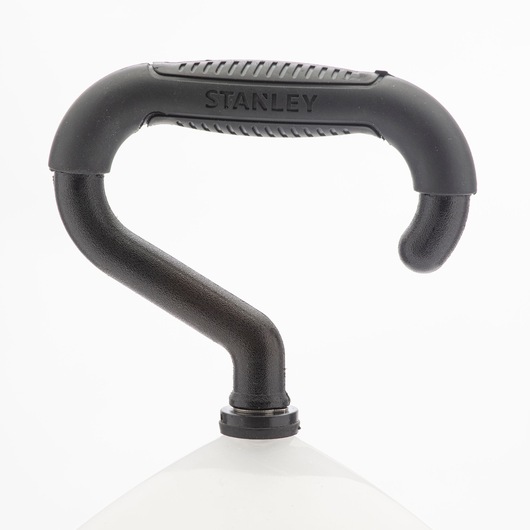 STANLEY SXLS31324ES black curved handle detail, product photography, white background, top view.