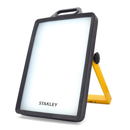 STANLEY LED panel light with black frame and yellow adjustable stand, suitable for photography or workspace lighting.