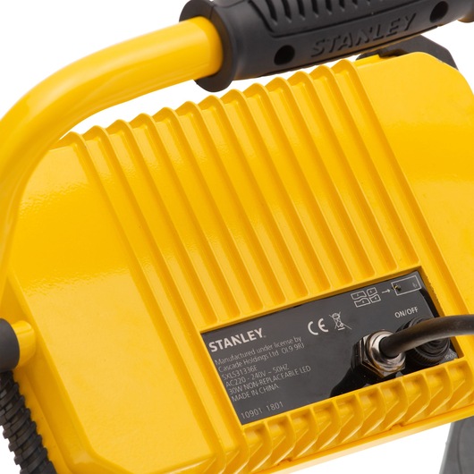 STANLEY SXLS31336E yellow portable LED work light, close-up of back panel with power switch and cord.