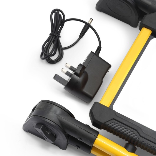 STANLEY SXLS31339E photography of yellow and black tool with UK plug adapter and power cable, top angle on white background.