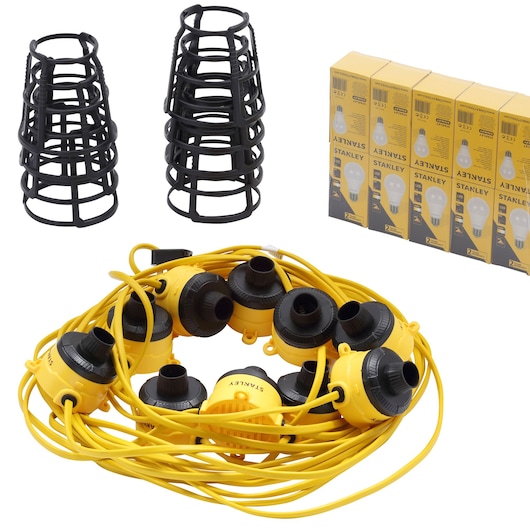 STANLEY SXLS31361E string work light kit with yellow cable, black bulb cages, and packaged light bulbs, white background angle.