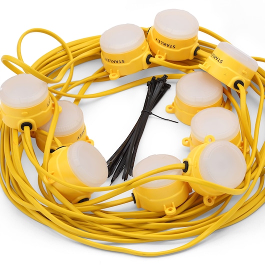 STANLEY SXLS31362ES yellow string work lights with round white diffusers, black cable ties, top view, photography product.