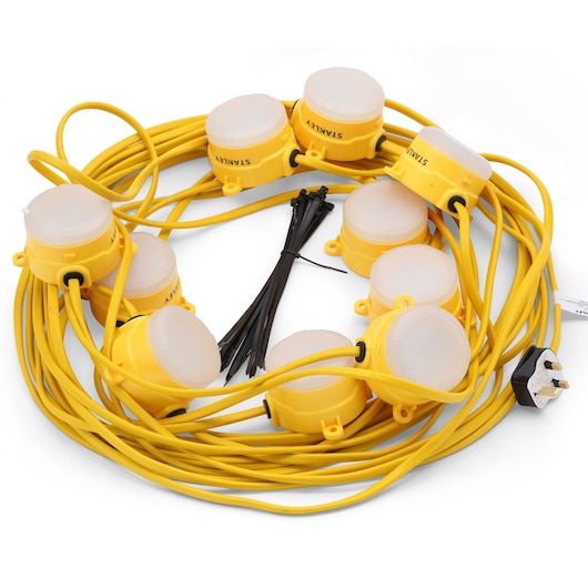 STANLEY SXLS31362E yellow string work light set with eight round LED lights, UK plug, and black cable ties, front angle.