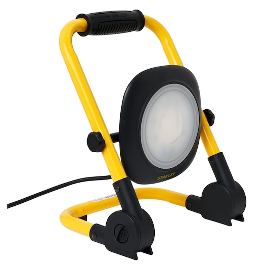 STANLEY SXLS35526E LED work light with black and yellow frame, angled side view, corded design.