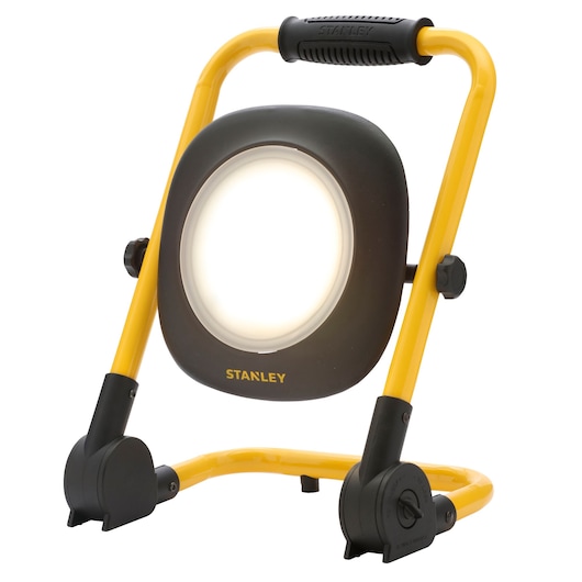 STANLEY SXLS35527E LED work light with yellow frame, black handle, front angle, photography on white background.