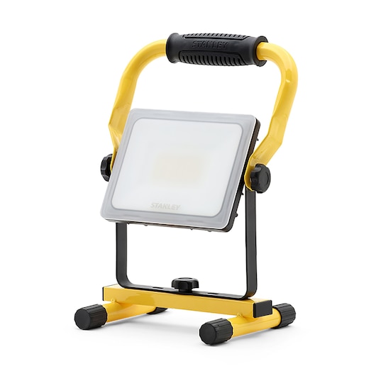 STANLEY SXLS36383E portable LED work light, yellow and black, front angle photo.
