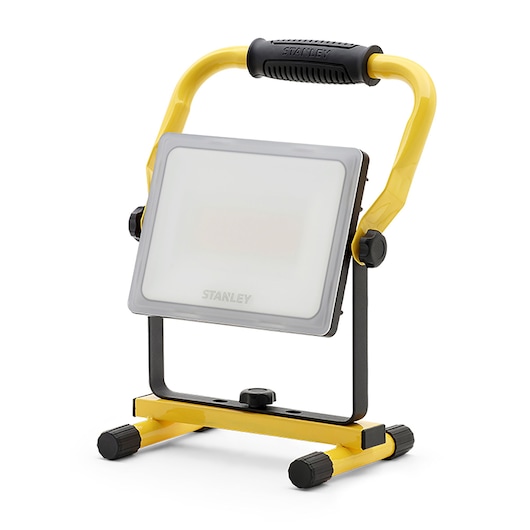 STANLEY SXLS36385E portable work light with yellow handle, front angle on white background.