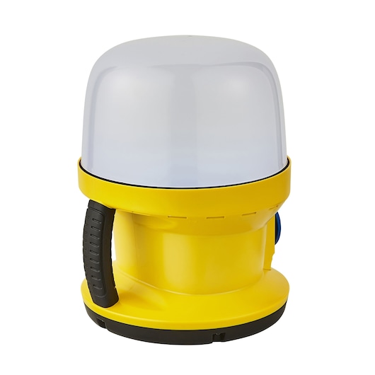 STANLEY SXLS36986E work light, yellow body with translucent dome, black handle, front angle on white background.