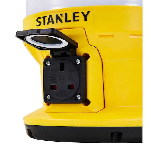STANLEY SXLS36986E yellow lamp with UK power socket, close-up angle, product photography.