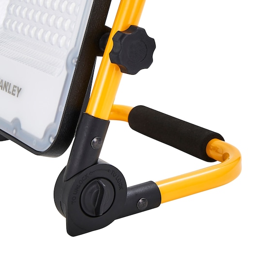 STANLEY SXLS37178E LED work light close-up side angle, yellow frame with lock knob and handle.