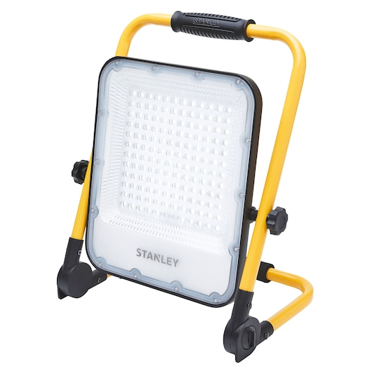 STANLEY SXLS37179E portable LED work light with yellow frame, front angle, photography