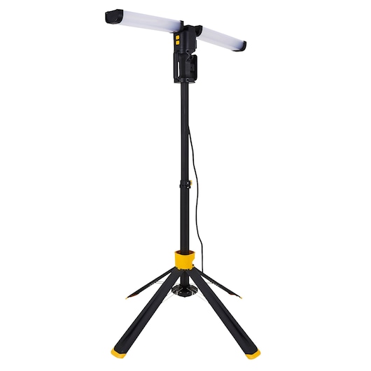 STANLEY SXLS37182E photography tripod work light with adjustable LED bars, front angle, black and yellow.