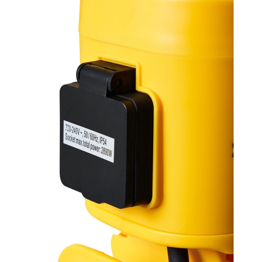 STANLEY SXLS37182E close-up side view showing black power socket cover on yellow device housing.