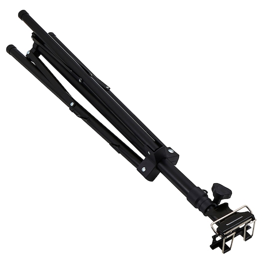 Photo of STANLEY SXLS37627E black folding tripod stand, side angle, with metal clamp attachment.