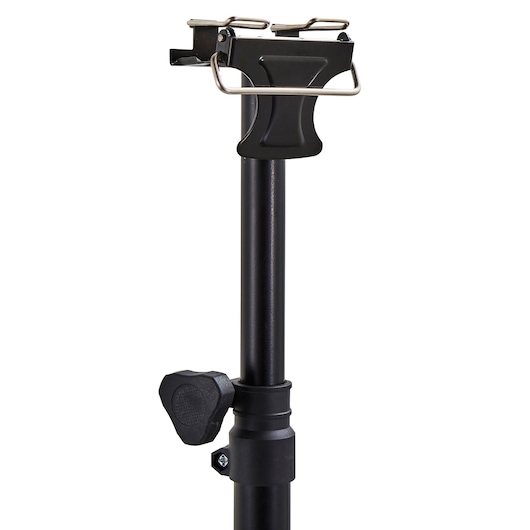 STANLEY SXLS37627E photography light stand, black metal with adjustable height knob, side view.