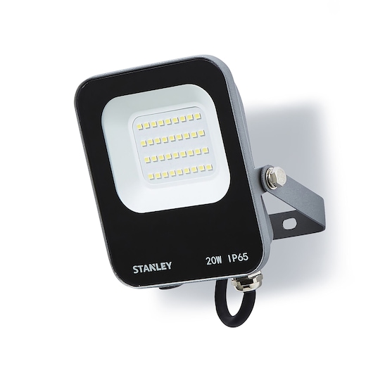 STANLEY SXLS38687E LED floodlight, black and white, front angle, mounting bracket and cable visible.
