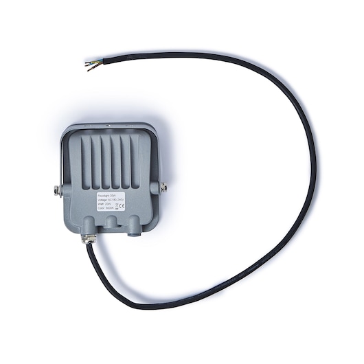 STANLEY SXLS38687E photography of grey outdoor LED floodlight back view with attached black power cable on white background.