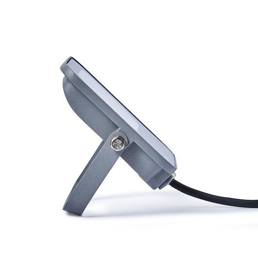 STANLEY SXLS38687E photography of grey LED floodlight side view with mounting bracket and black power cable.