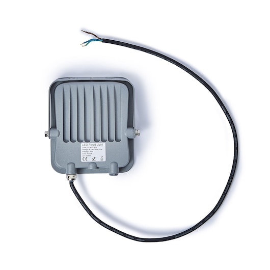STANLEY SXLS38688E LED flood light back view with attached black cable on white background.
