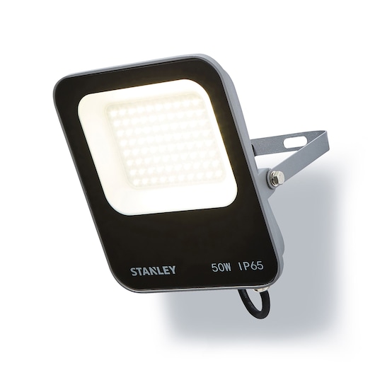 Photo of STANLEY SXLS38689E LED floodlight, black frame, 50W IP65, angled view on white background.