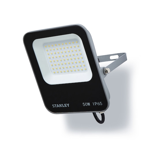 STANLEY SXLS38689E LED floodlight, black and white, 50W IP65, angled view on white background.