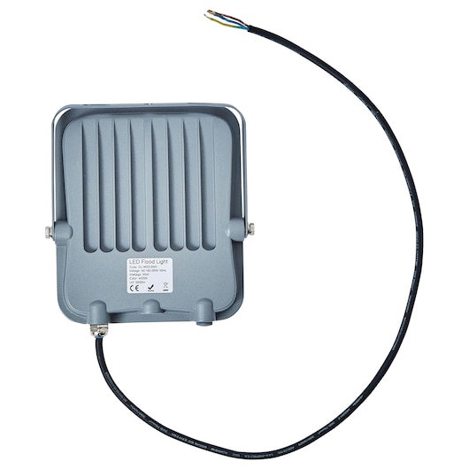 Photo of STANLEY SXLS38689E LED flood light, square, gray, rear view with attached black power cable.