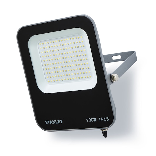 STANLEY SXLS38690E LED floodlight, black 100W IP65, angled view on white background.