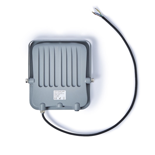 STANLEY SXLS38690E LED flood light, rear view, grey housing with attached black power cable.
