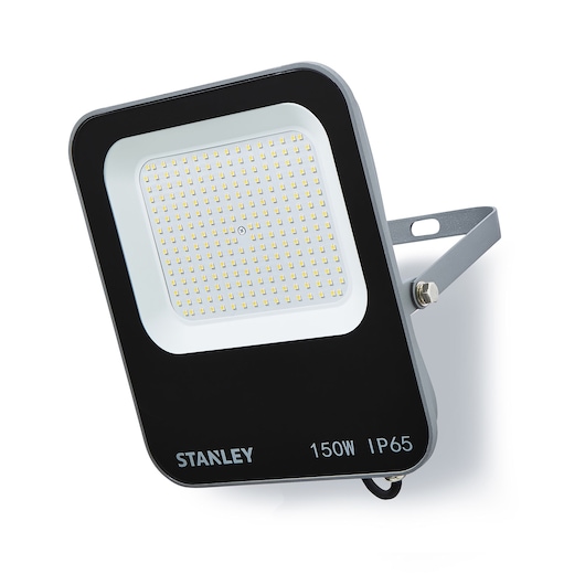 STANLEY SXLS38691E LED floodlight, black and white, 150W IP65, angled front view on white background.