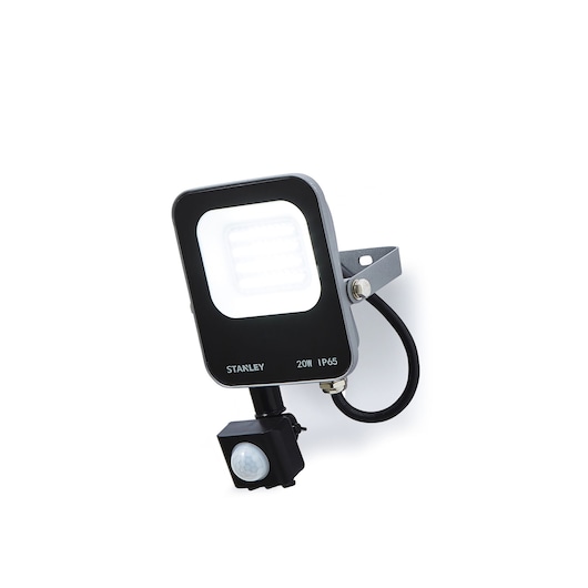 STANLEY SXLS38693E black LED floodlight with motion sensor, angled front view on white background.