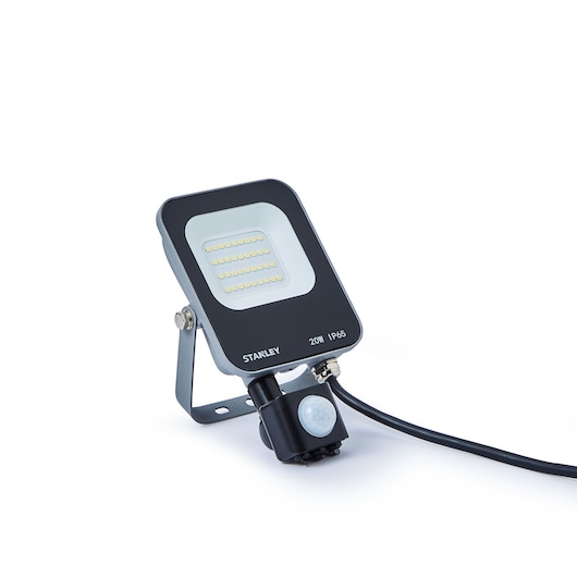 STANLEY SXLS38693E LED floodlight with motion sensor, black, angled view on white background.