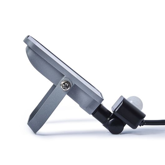 STANLEY SXLS38693E grey outdoor LED floodlight side view with motion sensor, photography on white background.