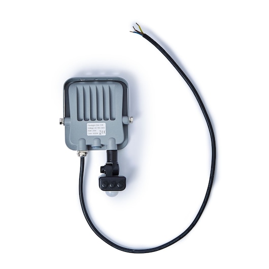 STANLEY SXLS38693E grey outdoor floodlight with motion sensor, rear view, long cable, photography on white background.