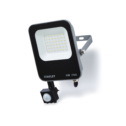 STANLEY SXLS38694E LED floodlight with motion sensor, black and white, front angle on white background.