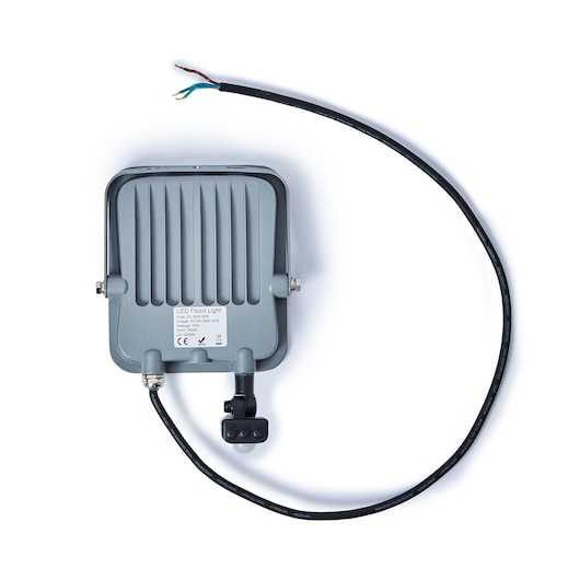 STANLEY SXLS38694E LED flood light rear view, grey housing with attached black power cable on white background.