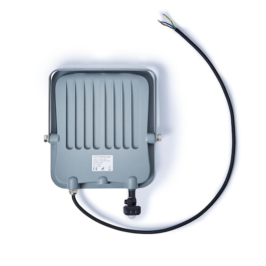 STANLEY SXLS38696E LED flood light rear view, grey housing with attached cable, photography on white background.
