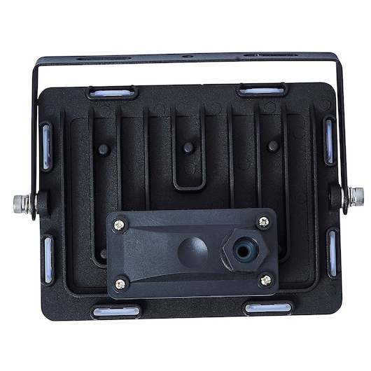 STANLEY SXLS38929E photography rear view of black LED floodlight with mounting bracket and heat sink.