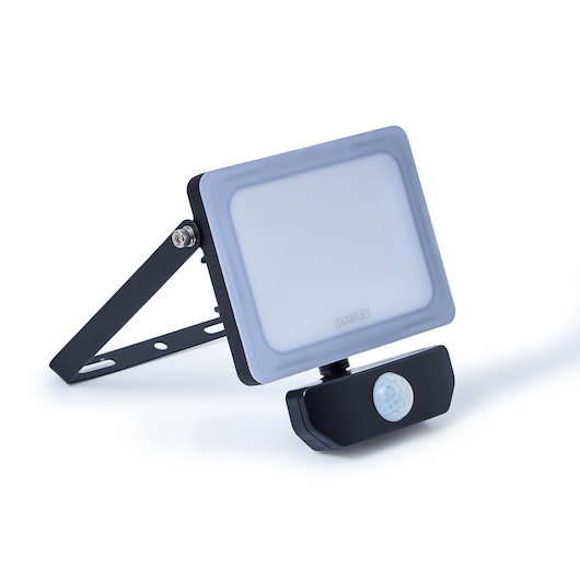 STANLEY SXLS38934E LED floodlight with motion sensor, black and white, side angle, photography category.