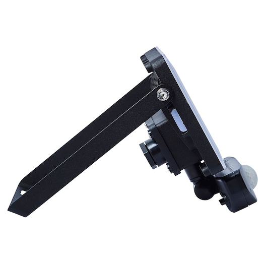 Stanley SXLS38934E LED security light side view with black mounting arm and motion sensor.