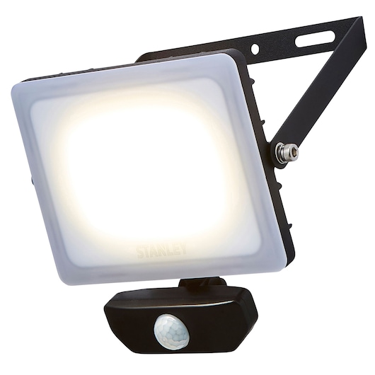 STANLEY SXLS38935E outdoor LED floodlight with motion sensor, shown at angle on white background.