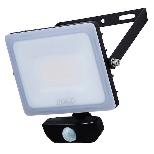 STANLEY SXLS38935E LED floodlight with motion sensor, black frame, front angle on white background.