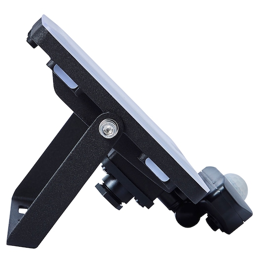 STANLEY SXLS38936E outdoor LED floodlight with sensor, side angle, black frame on white background.