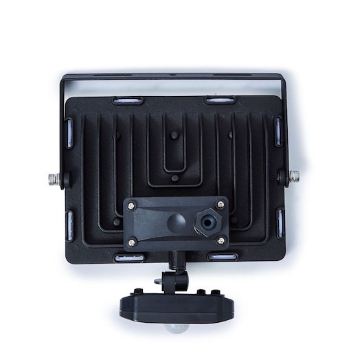 STANLEY SXLS38936E black outdoor floodlight rear view with mounting bracket and motion sensor, white background.